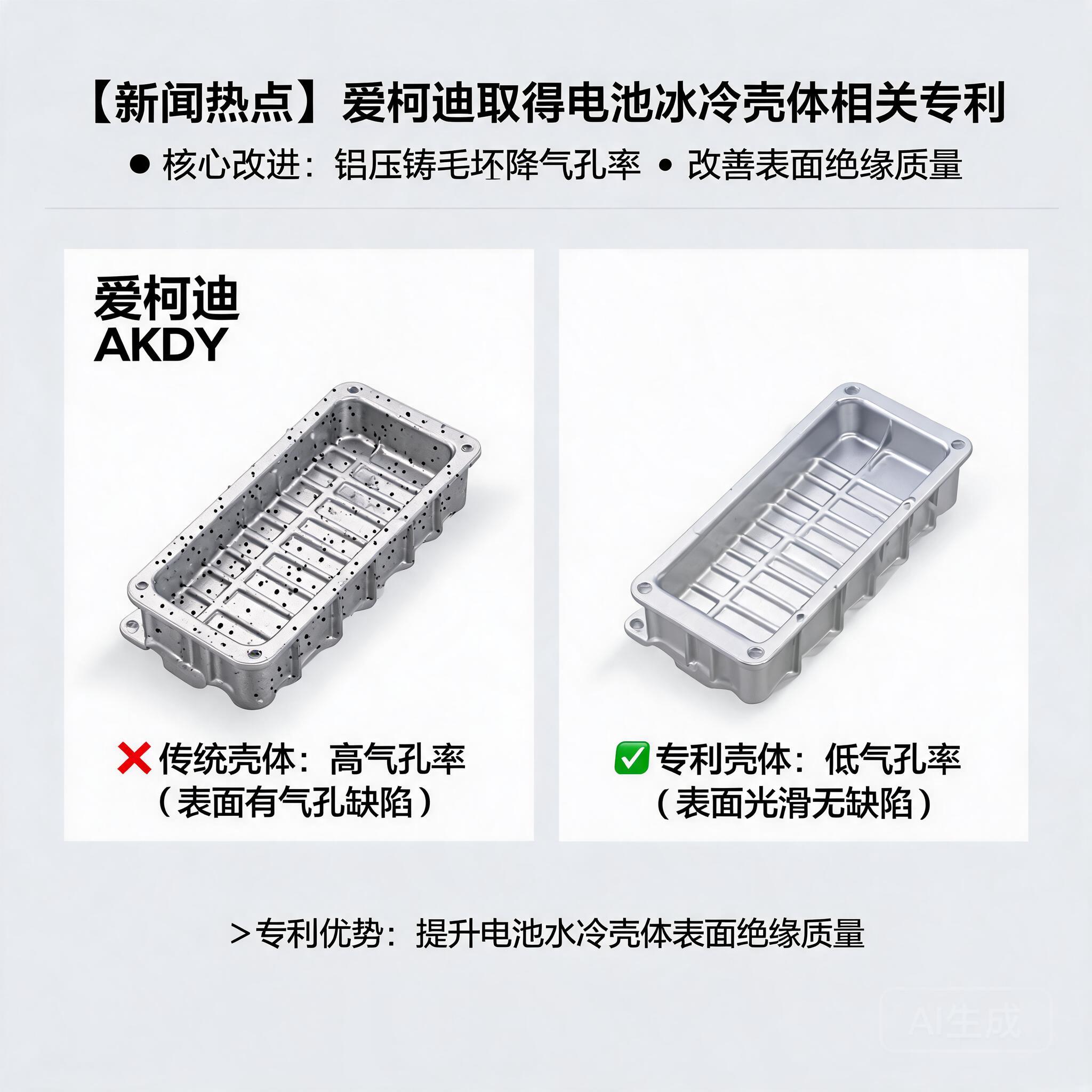 爱柯迪取得电池水冷壳体相关专利,铝压铸毛坯壳体降气孔率改善表面绝缘质量