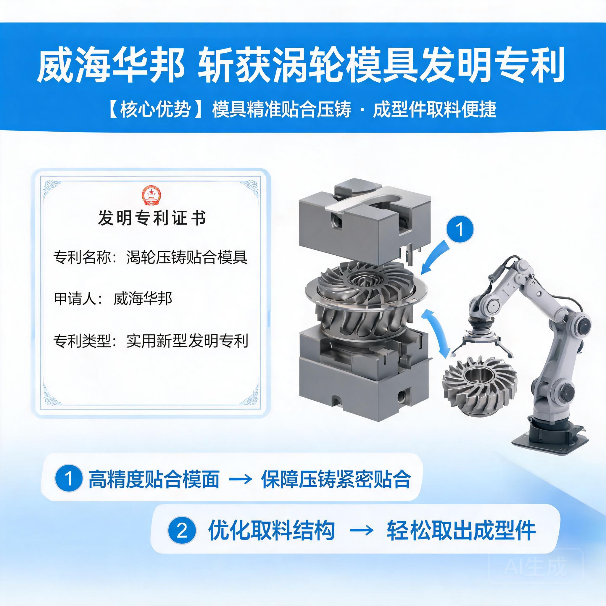 威海华邦取得涡轮模具相关专利,确保模具贴合压铸,便于成型件取料