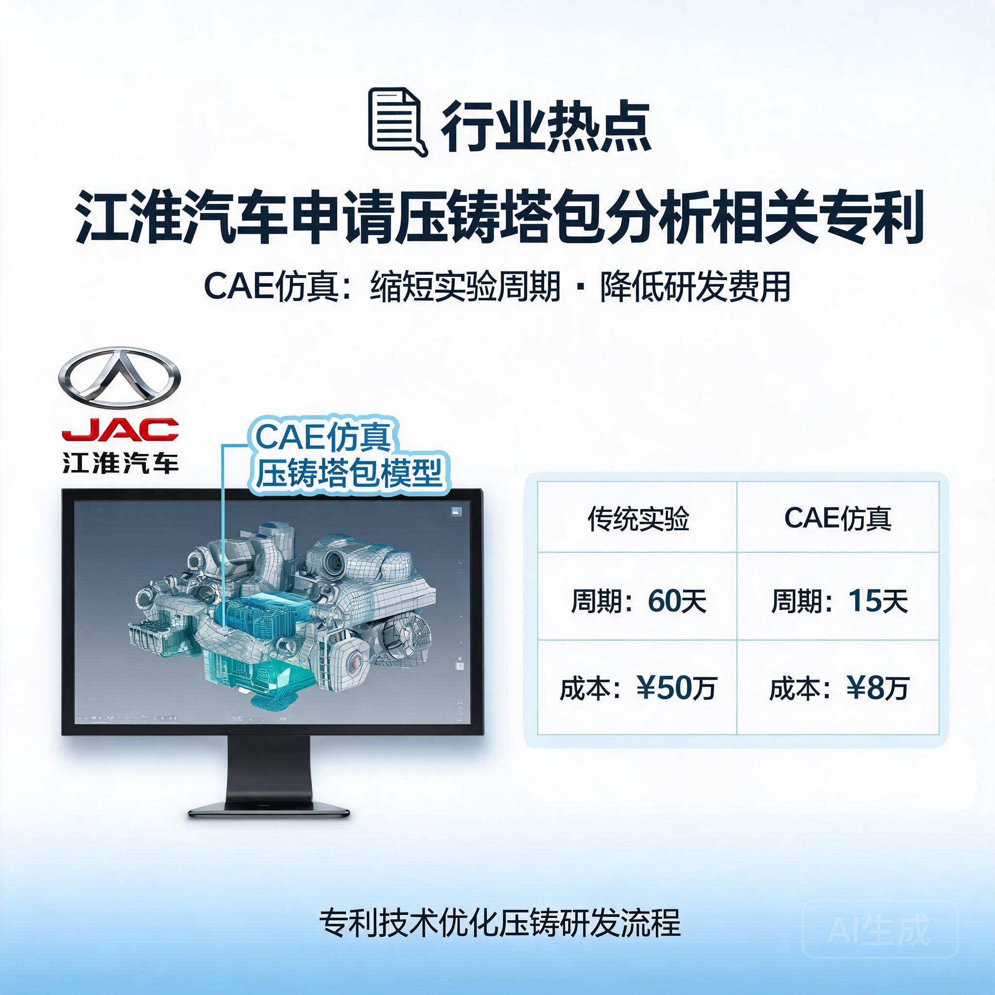 江淮汽车申请压铸塔包分析相关专利，压铸塔包CAE仿真缩短实验周期降低费用