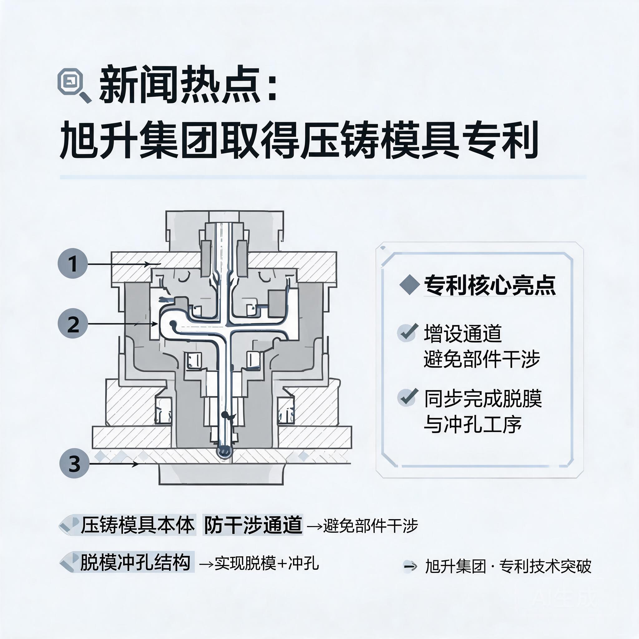 旭升集团取得压铸模具相关专利，压铸模具设通道避免干涉实现脱模冲孔