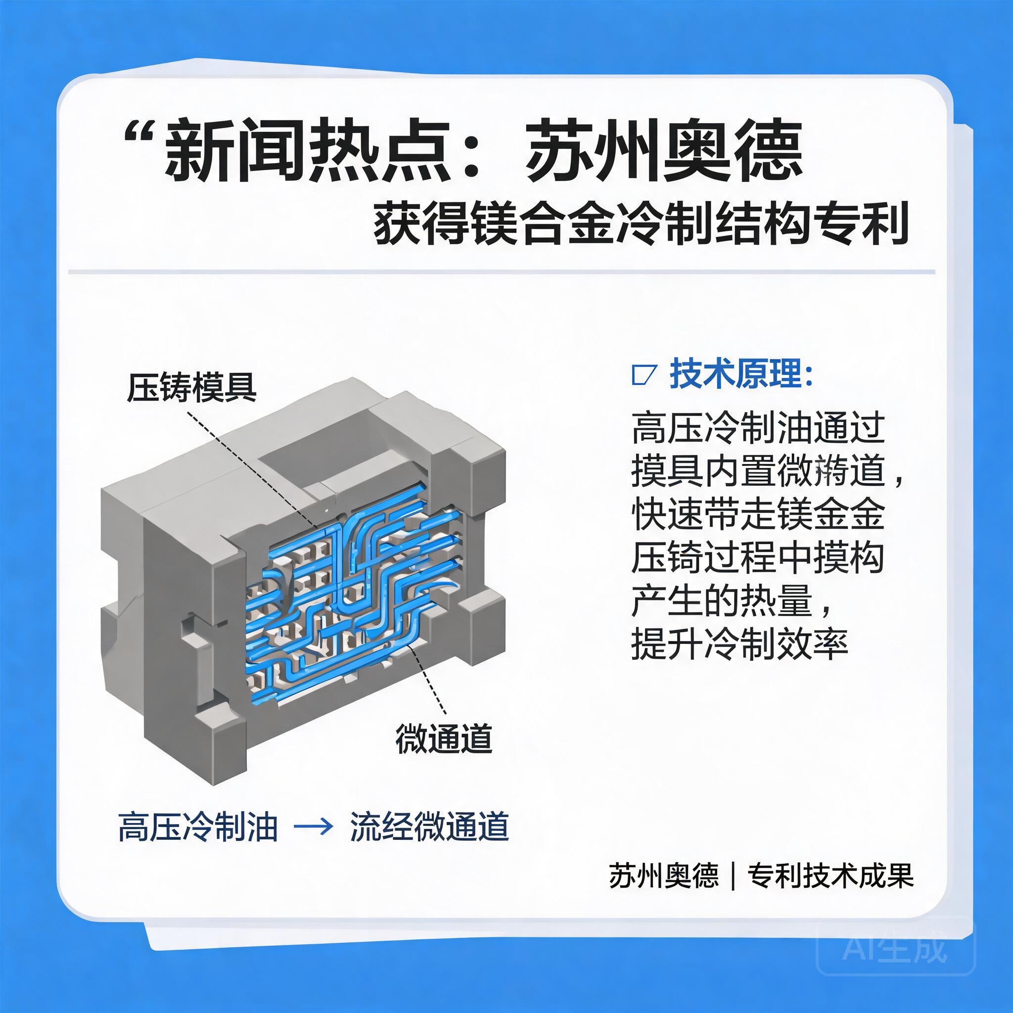 苏州奥德取得镁合金冷却结构相关专利,高压冷却油通过微通道冷却压铸模具