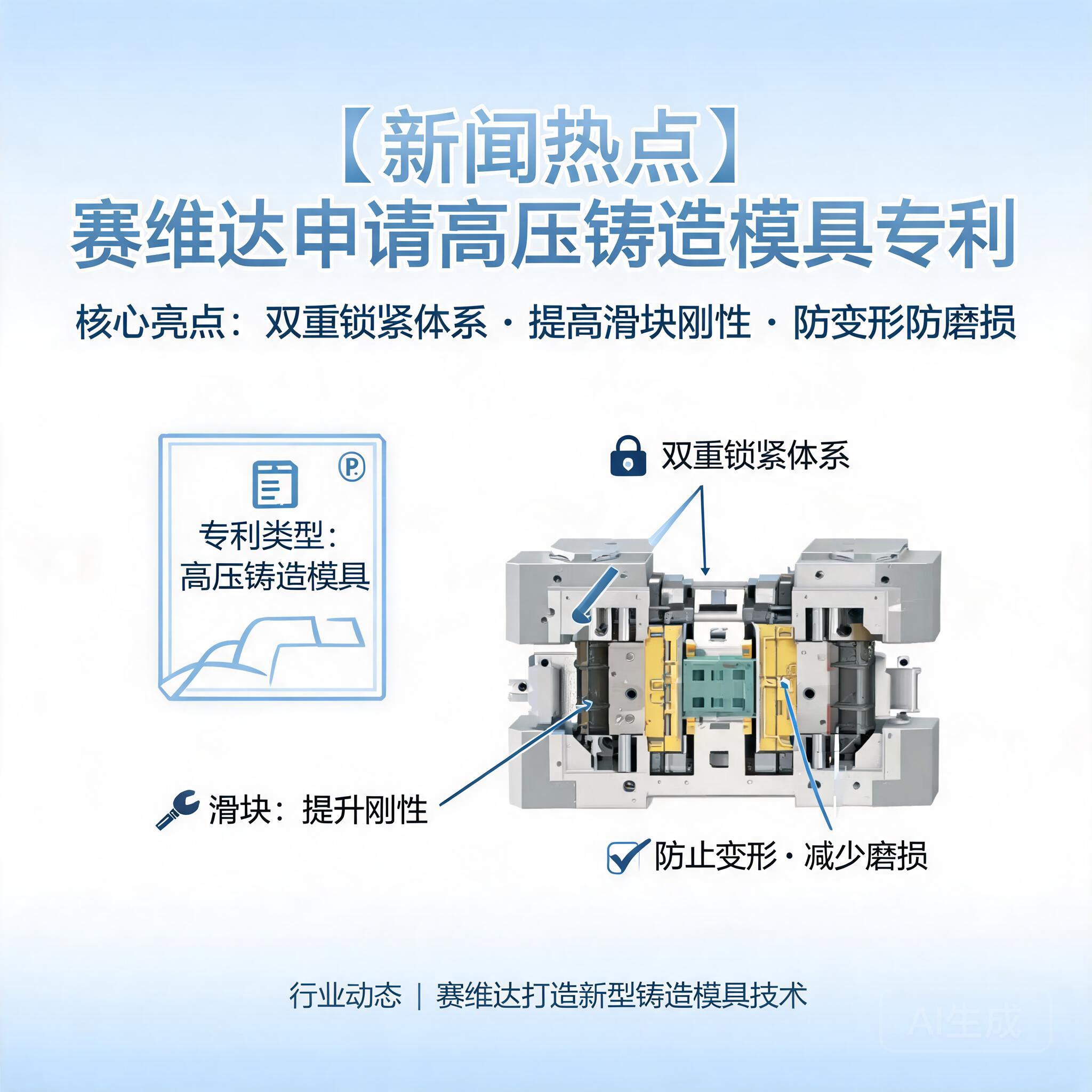 赛维达申请高压铸造模具相关专利,构建双重锁紧体系,提高滑块刚性防变形磨损
