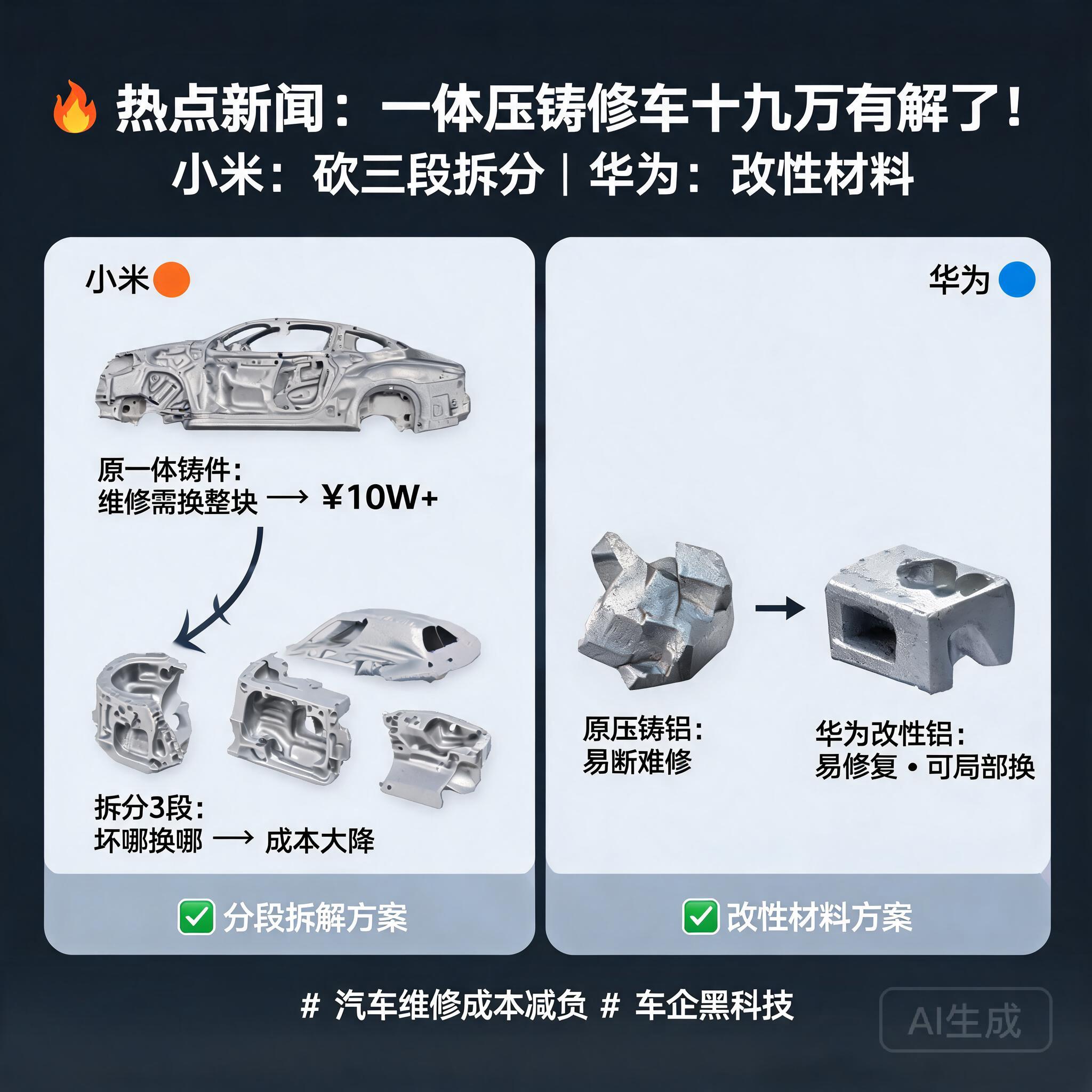 一体压铸修车十几万有解了：小米砍三段，华为改材料