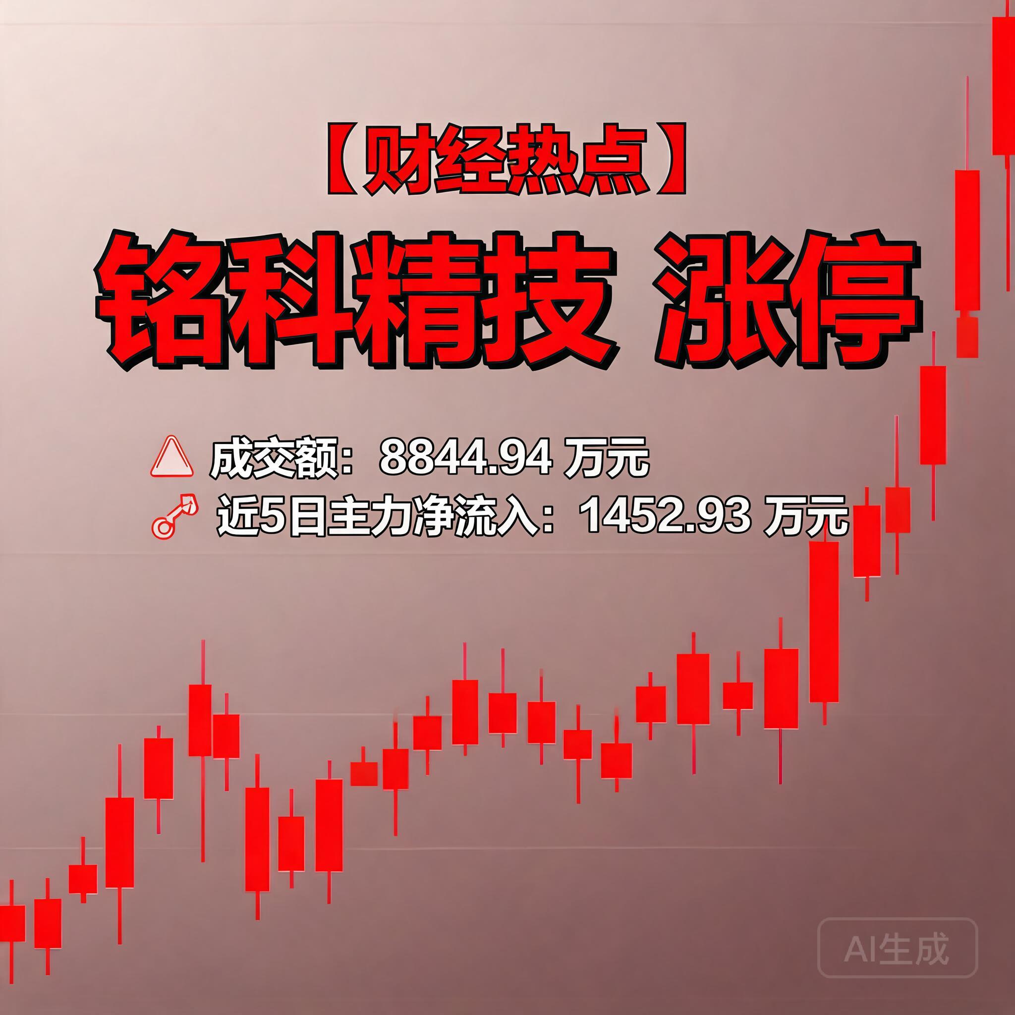 铭科精技涨停,成交额8844.94万元,近5日主力净流入1452.93万